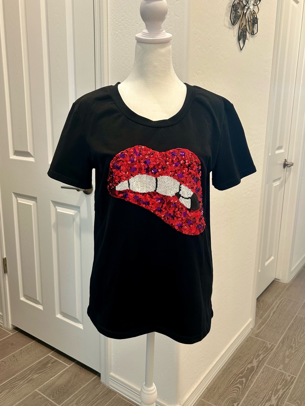Black Tee with Red Sequin Lip Applique